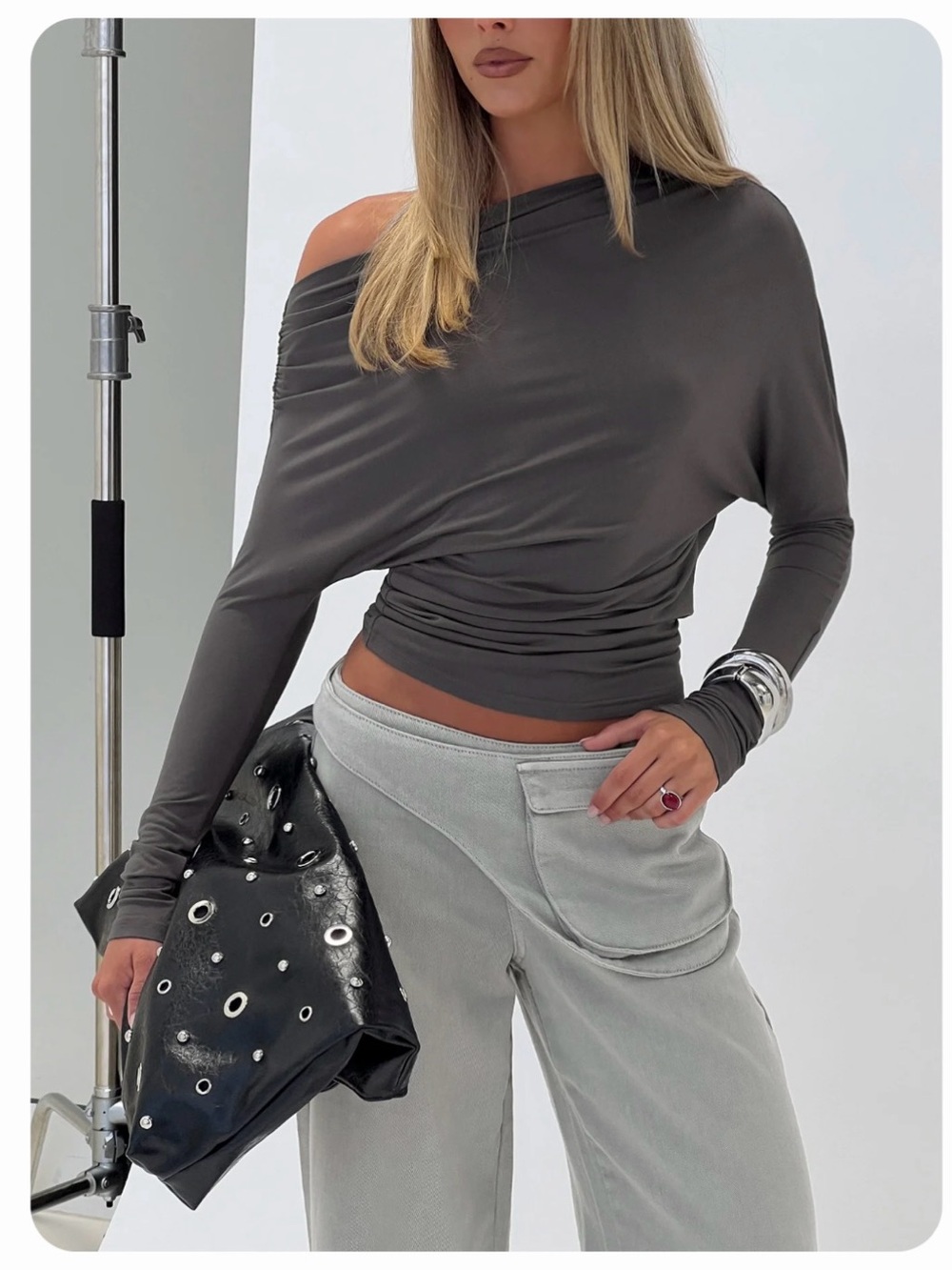 Princess Polly Off-Shoulder Long-Sleeve Top in Charcoal Gray